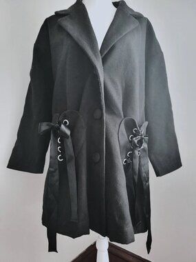 ANK ROUGE Ribbon Heart Pocket Pea Coat Womens Black